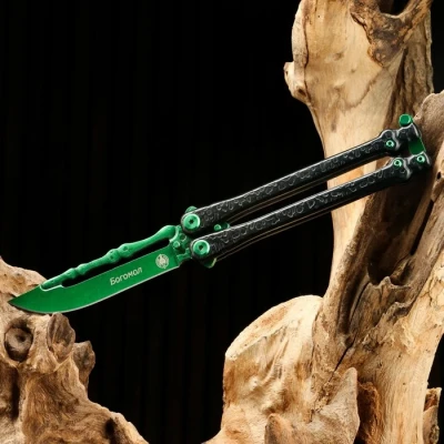 Нож-бабочка "Богомол" зеленый, сталь - 440, рукоять - сталь, 20 см