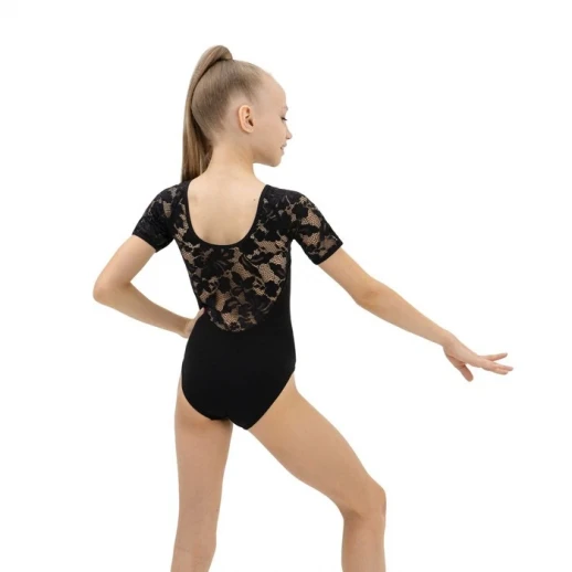 Купальник гимнастический Grace Dance, с коротким рукавом, кружево 3, р. 38, цвет чёрный