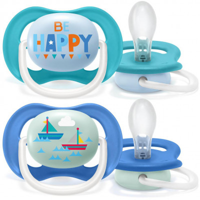 Пустышка ultra air Lime, Be happy/Кораблик, 6-18 мес, 2 шт, для мальчиков Philips SCF080/15