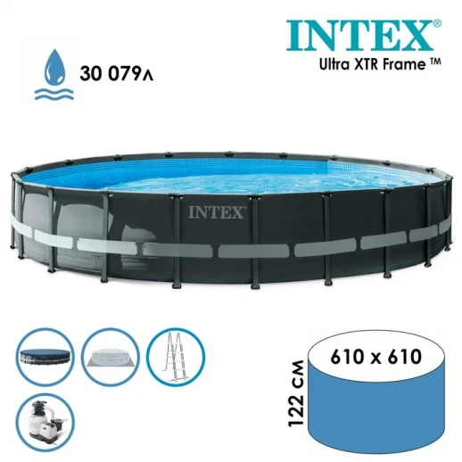 Бассейн каркасный Ultra XTR Frame, 610 х 122 см, песчаный фильтр-насос, лестница, тент, подстилка, 26334NP INTEX