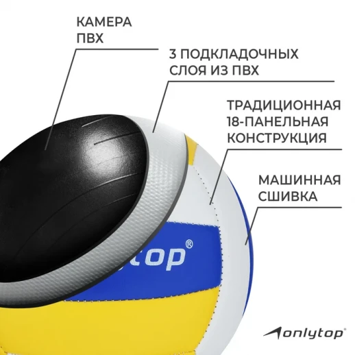 Мяч волейбольный ONLYTOP, ПВХ, машинная сшивка, 18 панелей, р. 2