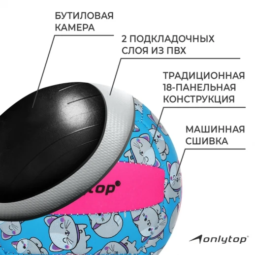 Мяч волейбольный ONLYTOP «Кошечка», ПВХ, машинная сшивка, 18 панелей, р. 2