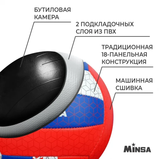 Мяч волейбольный MINSA «РОССИЯ», ПВХ, машинная сшивка, 18 панелей, р. 5