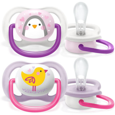 Пустышка ultra air Lime, Пингвин/Птичка, 0-6 мес, 2 шт, для девочек Philips SCF080/06
