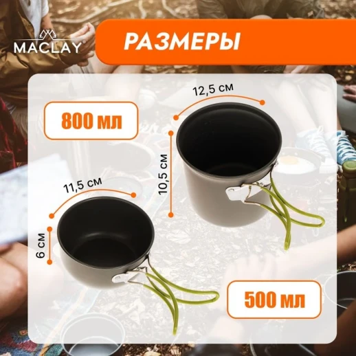 Набор туристической посуды Maclay: 2 кастрюли, приборы, горелка, штопор, тряпка, карабин