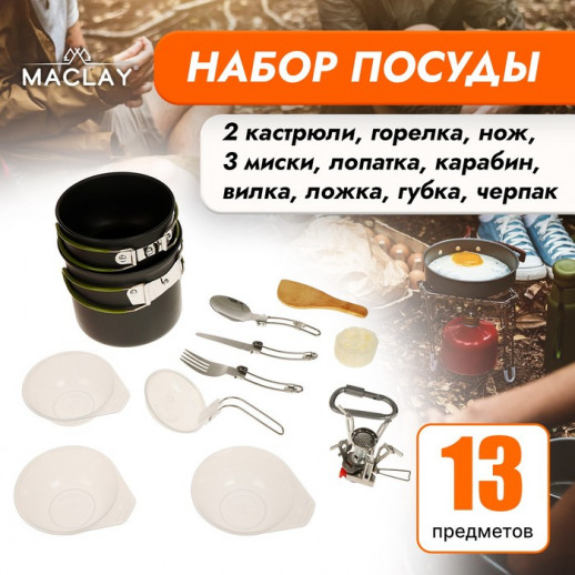 Набор туристической посуды Maclay: 2 кастрюли, приборы, горелка, 3 миски, лопатка, карабин