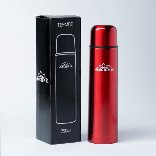 Термос, 750 мл, Гильза "Мастер К", с кружкой, сохраняет тепло 24 ч, гарантия 5 лет, красный