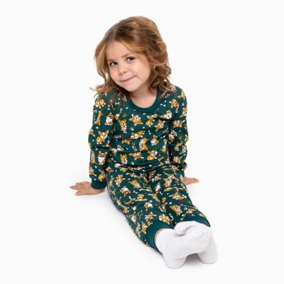 Пижама для девочки, цвет тёмно-зелёный/корги