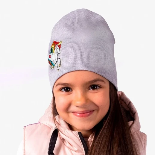 Шапка для девочки двухслойная , цвет серый меланж/единорог