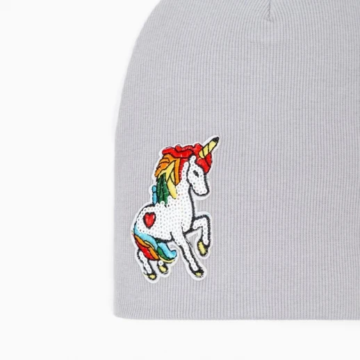Шапка для девочки двухслойная , цвет серый меланж/единорог