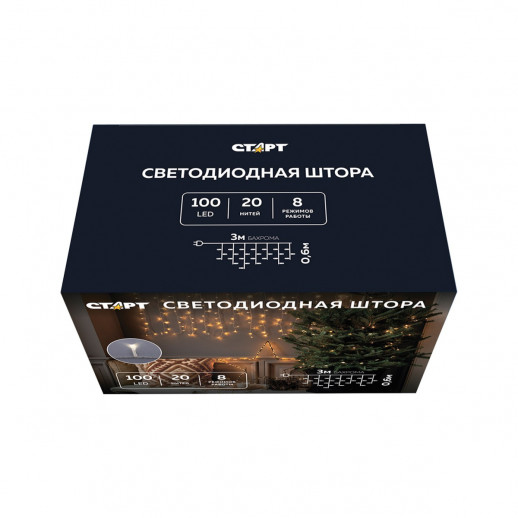 Гирлянда Гирлянда 100LED 220V, 8 режимов, 3 м, бахрома, тёплый белый