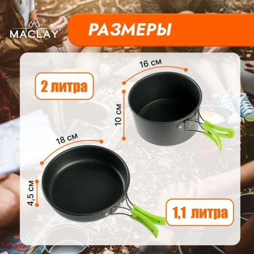 Набор туристической посуды Maclay: чайник, кастрюля, сковорода, 3 чашки, черпак, лопатка, губка