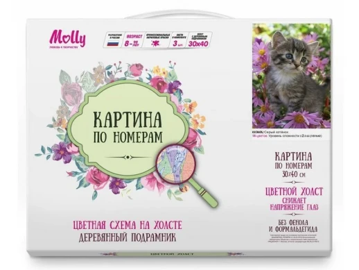 Картина по номерам с цветной схемой на холсте 30х40 Серый котенок (18 цветов)