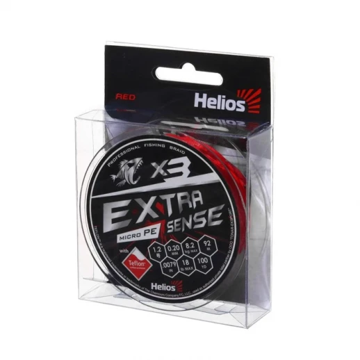 Шнур Helios Extrasense X3 PE, диаметр 0.26 мм, тест 16 кг, 92 м, красный