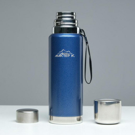 Термос, 1 л, Путешествие "Мастер К.", с кружкой и ситечком, сохраняет тепло 48 ч, синий