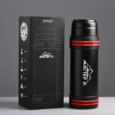 Термос, 2 л, Тропа "Мастер К", с кружкой, сохраняет тепло 24 ч, 13 х 34 см, черный