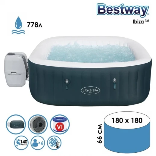 SPA бассейн Ibiza AirJet, 180 x 180 x 66 см, фильтр-насос, тент, дозатор для химии, аэромассаж, 60015 Bestway