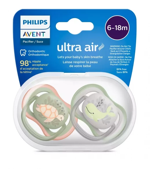 Пустышка ultra air, черепашка/кит, 6-18 мес., 2 шт. Philips SCF085/60