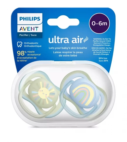 Пустышка ultra air, солнышко/радуга, для мальчиков, 0-6 мес., 2 шт. Philips SCF085/58