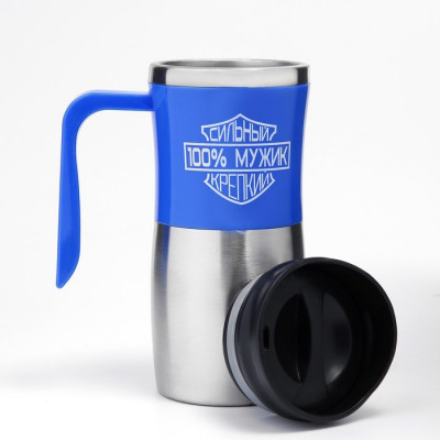 Термокружка, 350 мл, Tour "100% мужик", сохраняет тепло 3 ч, синяя