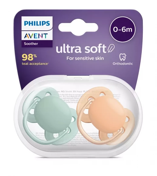 Пустышка ultra soft, нежно-зеленая/оранжевая без рисунка, 0-6 мес., 2 шт. Philips SCF091/03